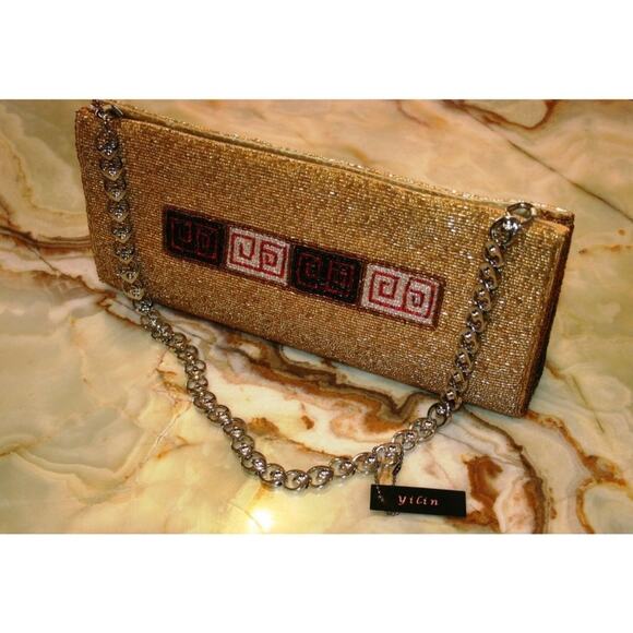 YILIN Gold  Hand Beaded Evening Hand Bag With  Silver Chain Strap - Picture 1 of 5